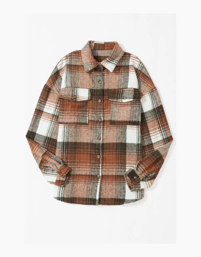 Brown Plaid Flap Pockets Shacket
