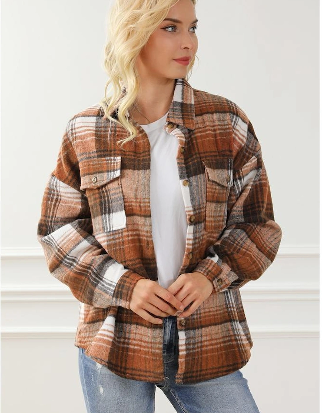 Brown Plaid Flap Pockets Shacket