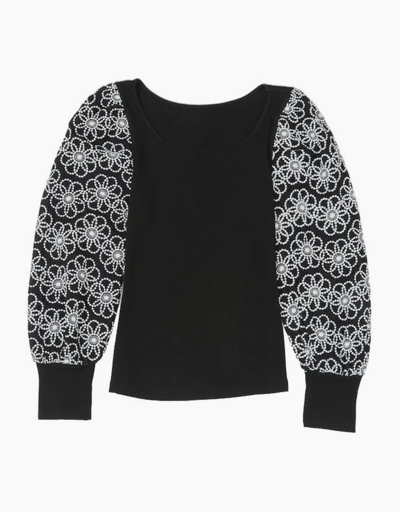 Black Flower Puff Sleeve Ribbed Knit Top