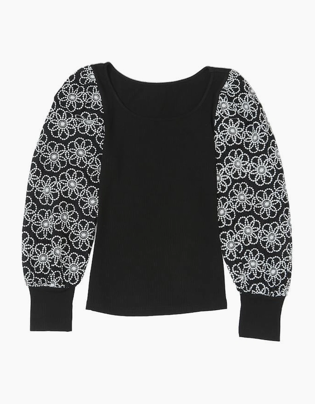 Black Flower Puff Sleeve Ribbed Knit Top, 15 of 14