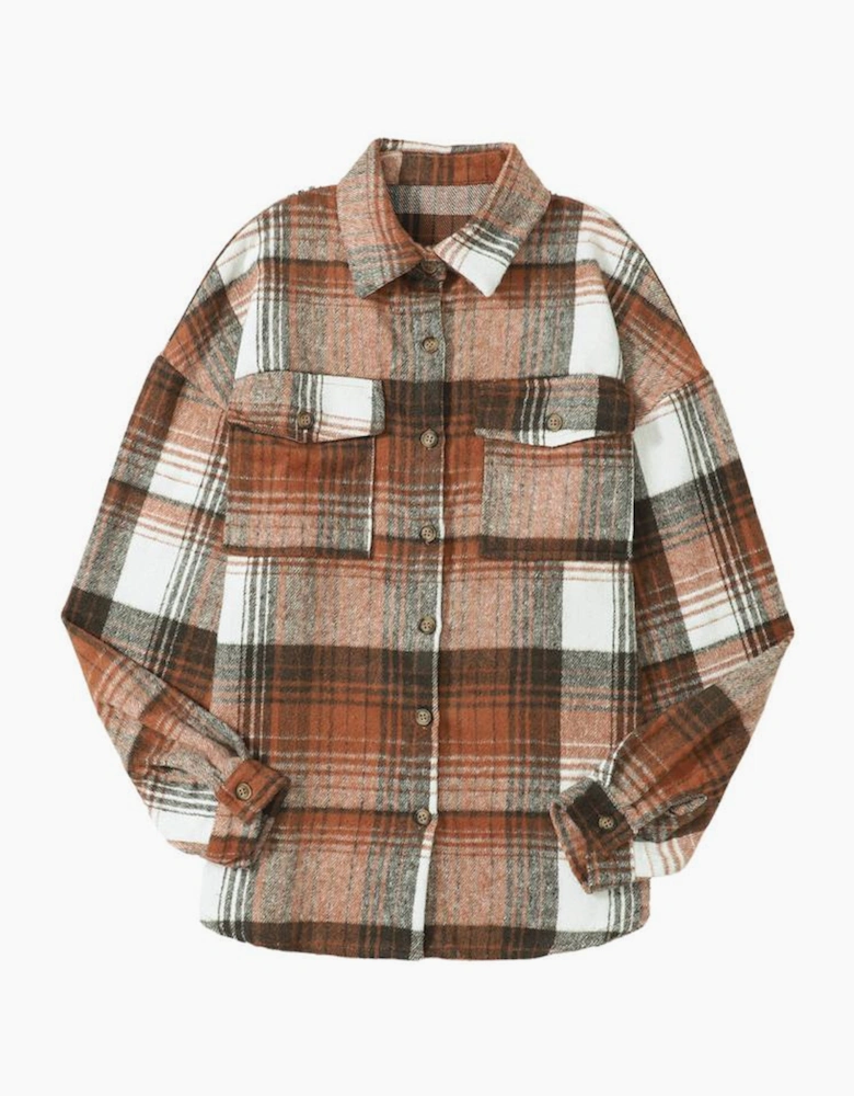 Brown Plaid Flap Pockets Shacket