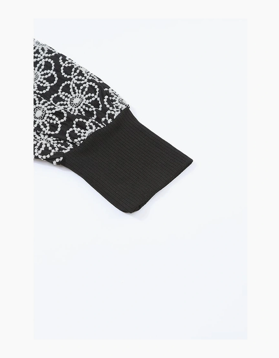 Black Flower Puff Sleeve Ribbed Knit Top