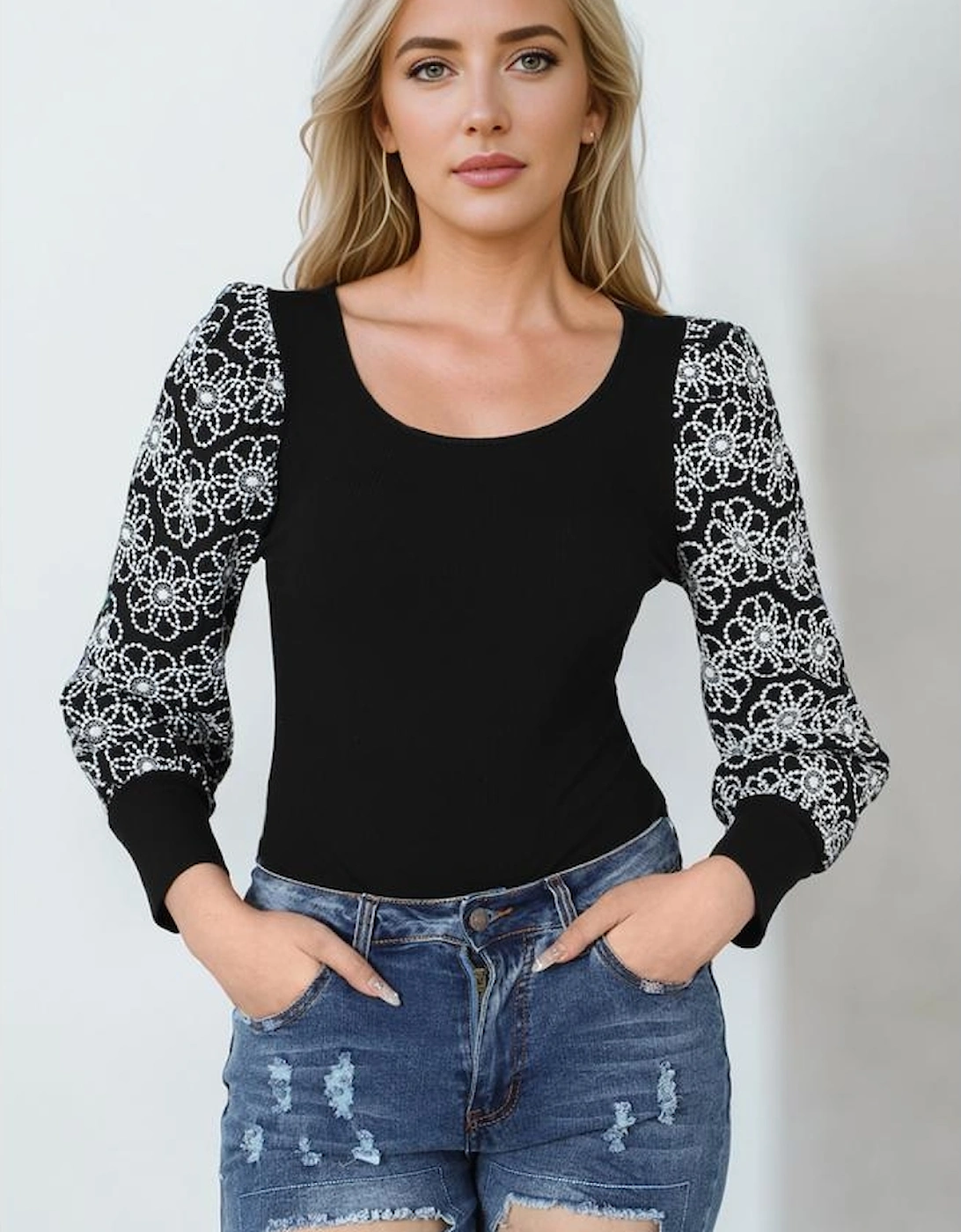 Black Flower Puff Sleeve Ribbed Knit Top