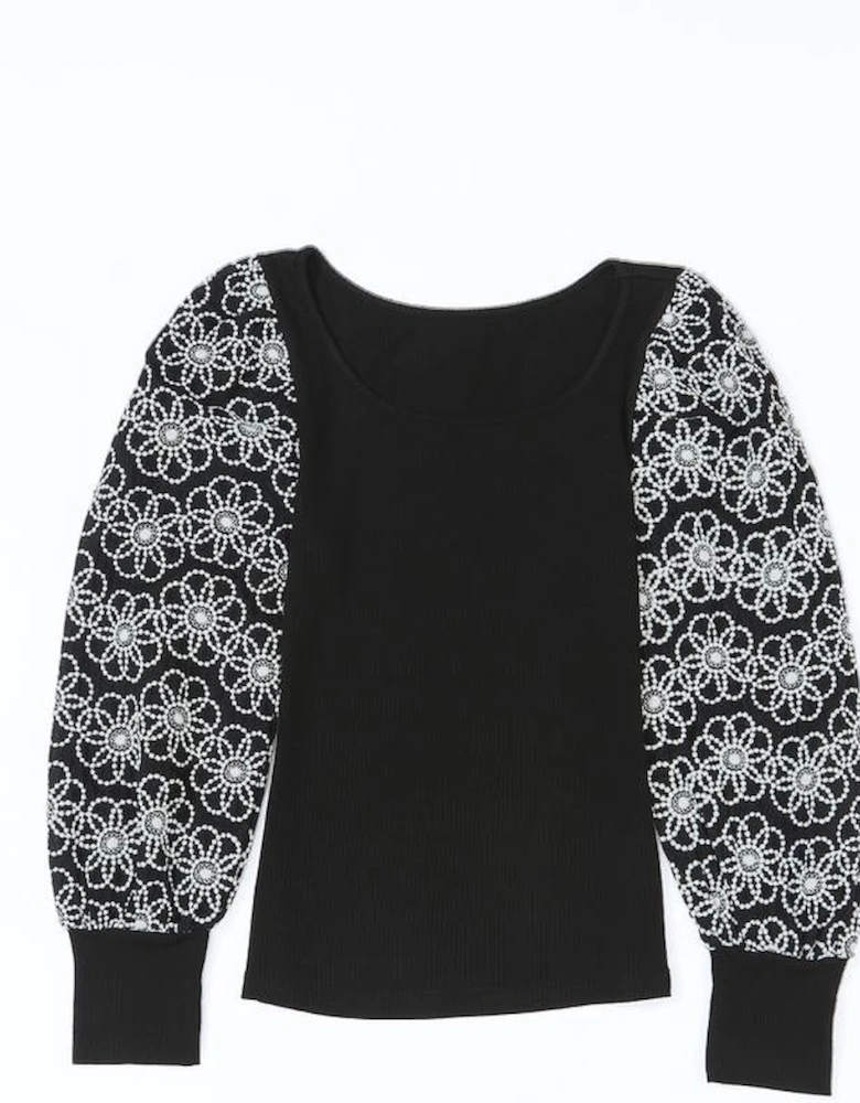 Black Flower Puff Sleeve Ribbed Knit Top