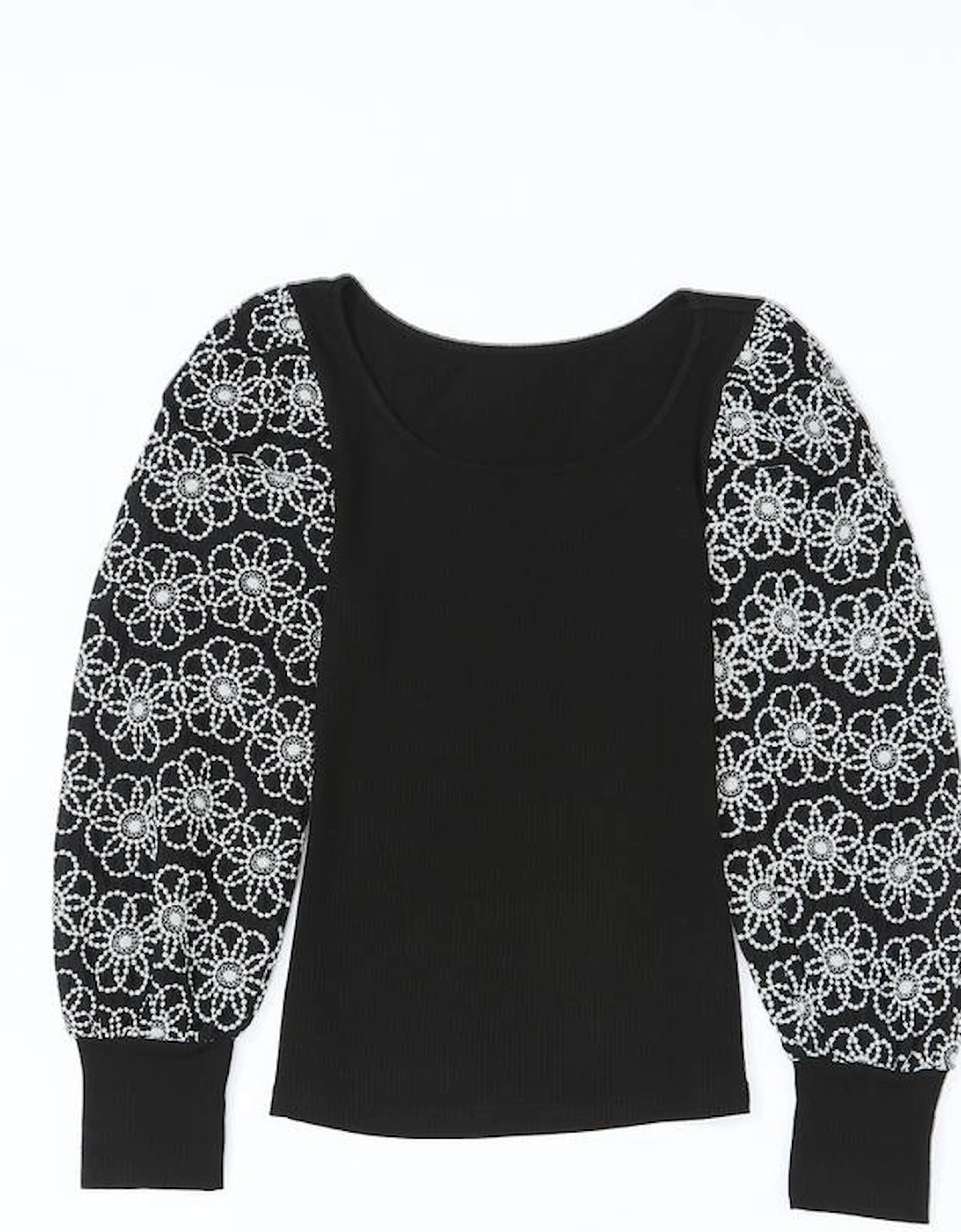 Black Flower Puff Sleeve Ribbed Knit Top