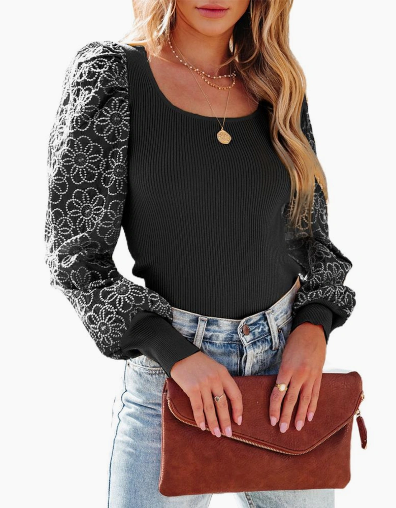 Black Flower Puff Sleeve Ribbed Knit Top