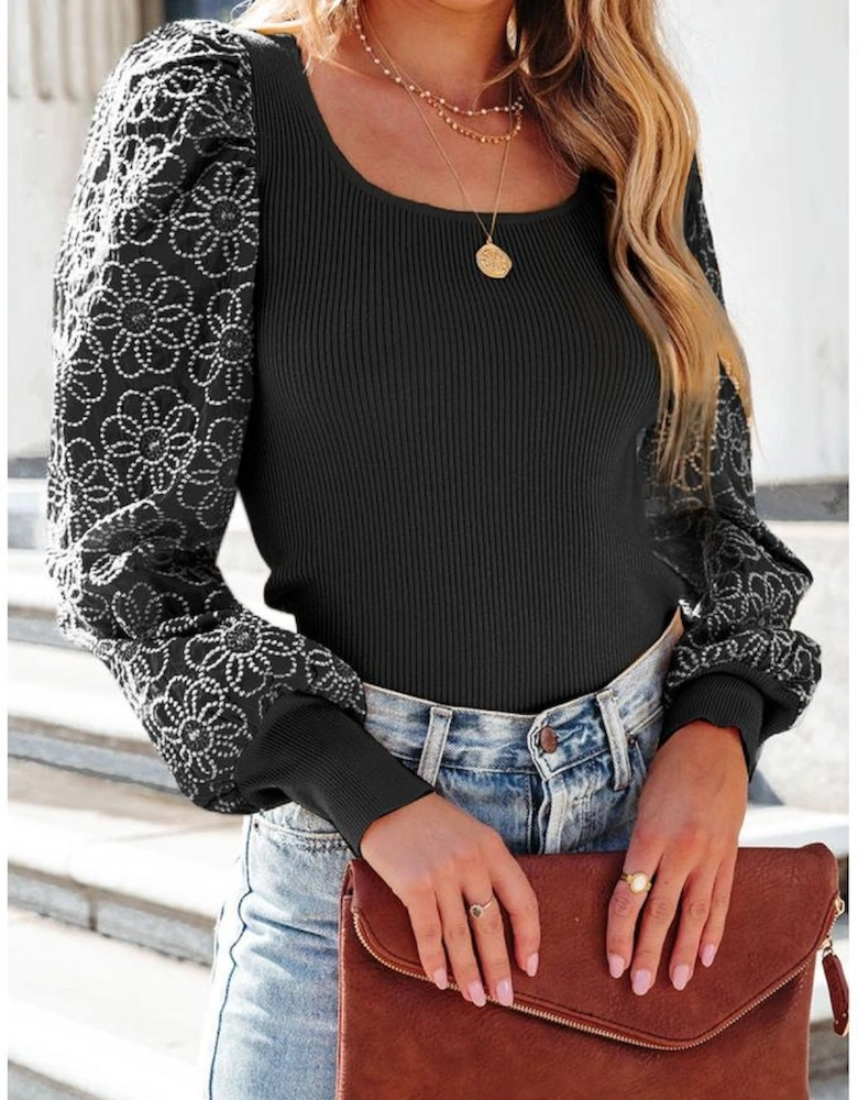 Black Flower Puff Sleeve Ribbed Knit Top