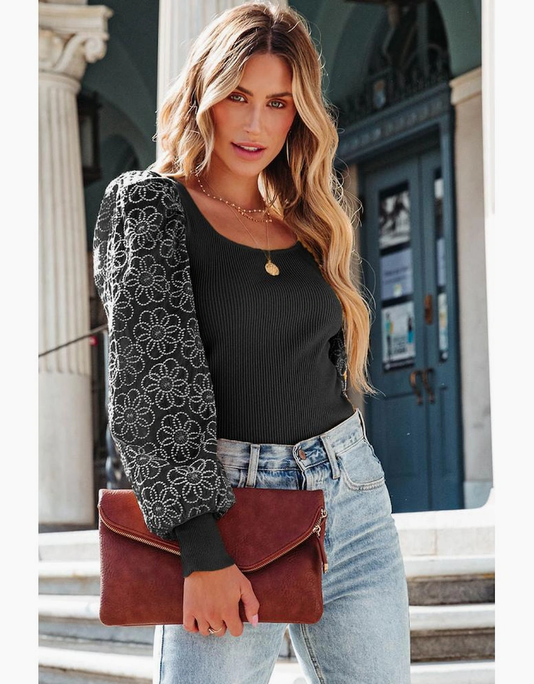 Black Flower Puff Sleeve Ribbed Knit Top