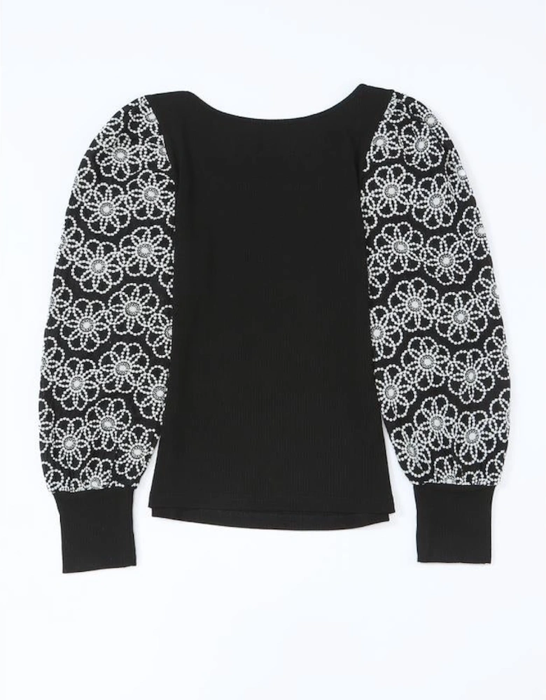 Black Flower Puff Sleeve Ribbed Knit Top