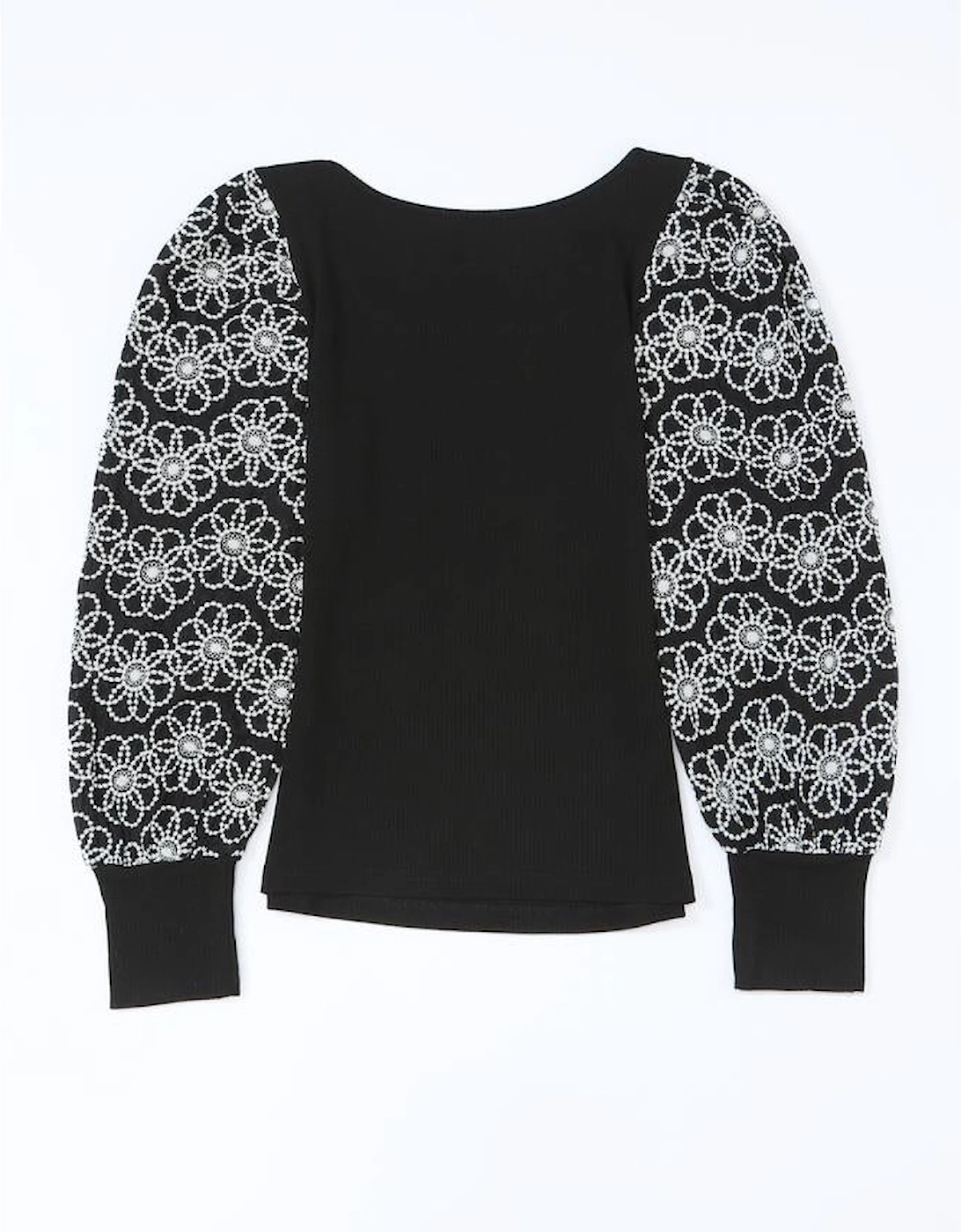 Black Flower Puff Sleeve Ribbed Knit Top