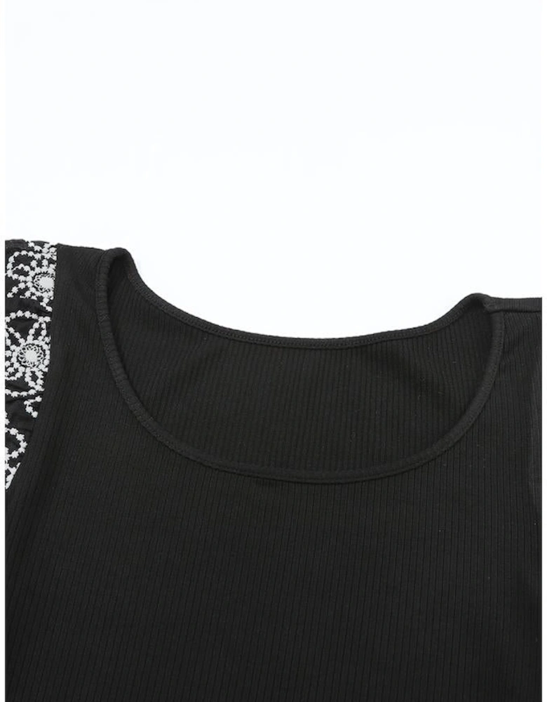 Black Flower Puff Sleeve Ribbed Knit Top