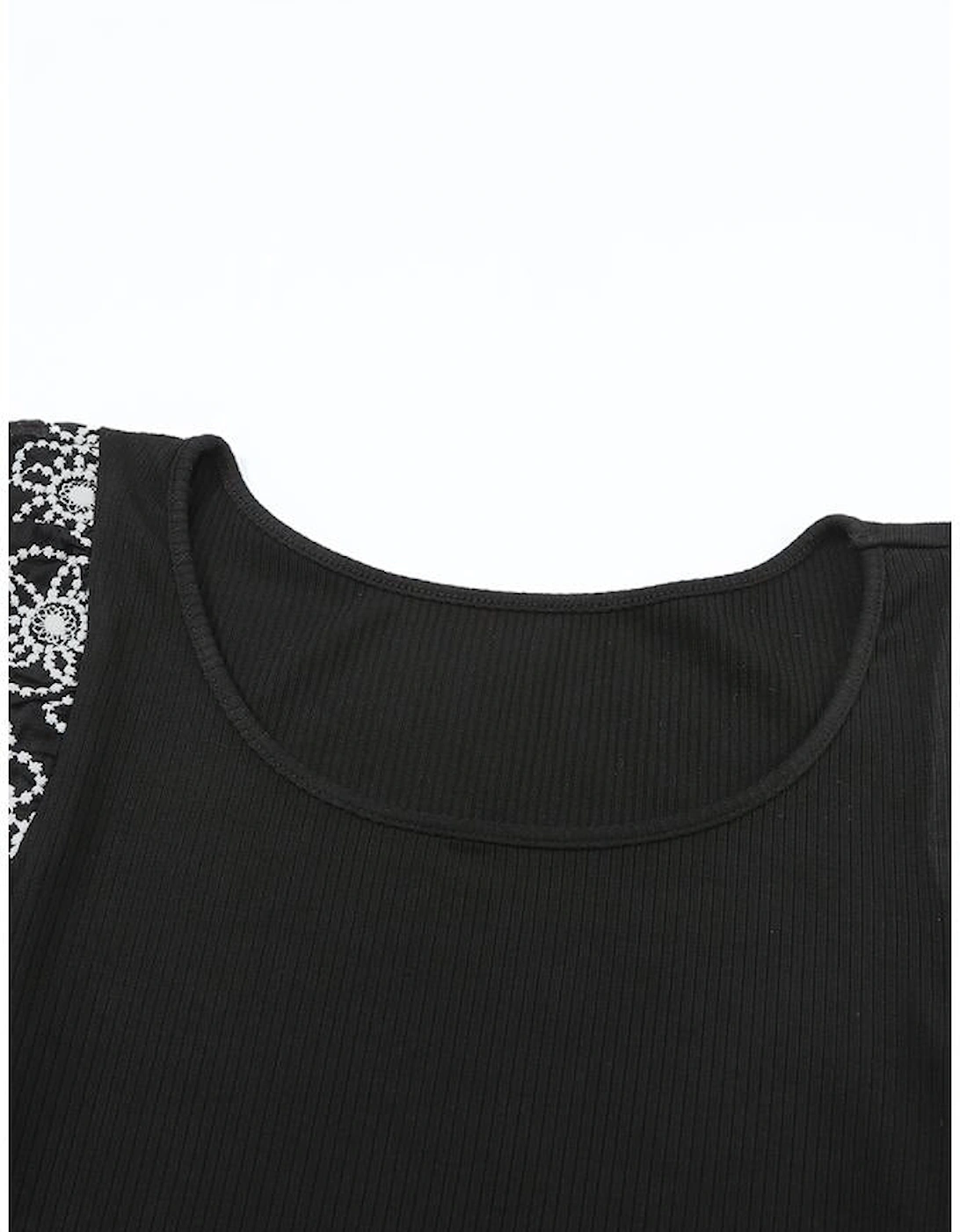 Black Flower Puff Sleeve Ribbed Knit Top