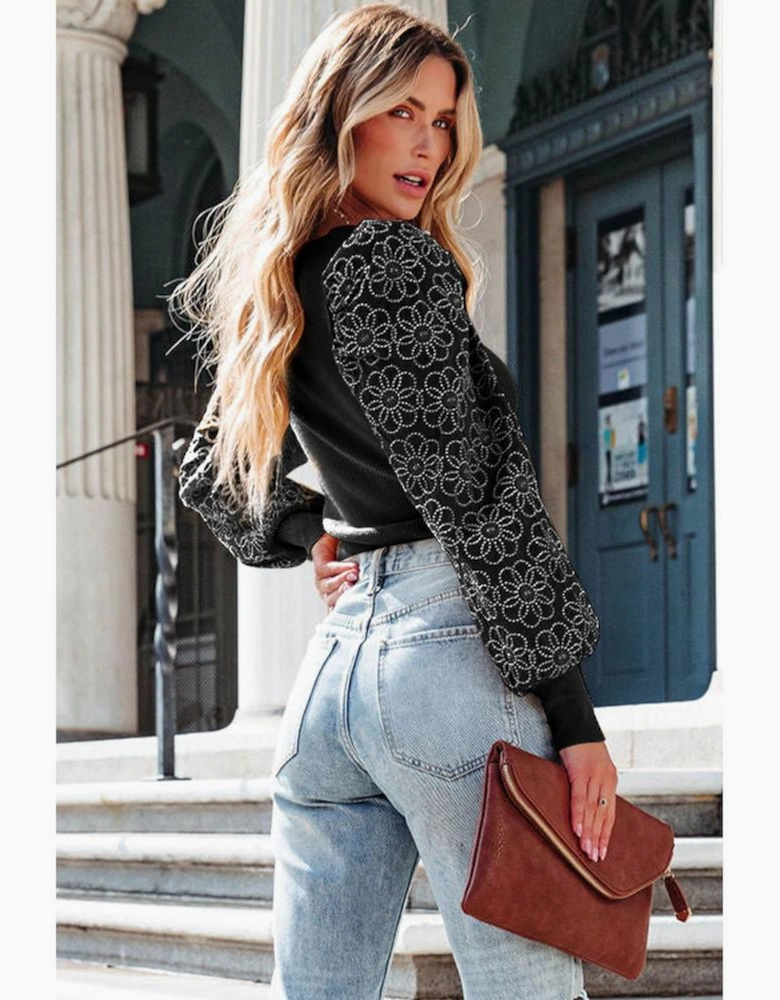 Black Flower Puff Sleeve Ribbed Knit Top