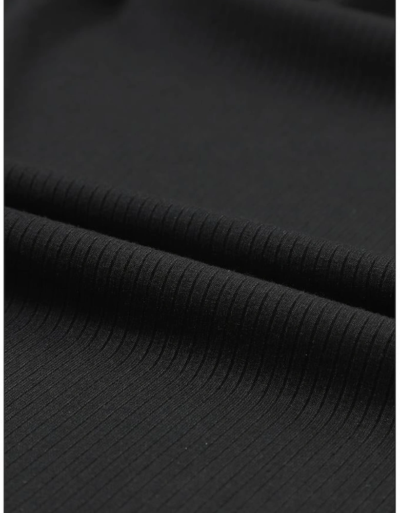 Black Flower Puff Sleeve Ribbed Knit Top