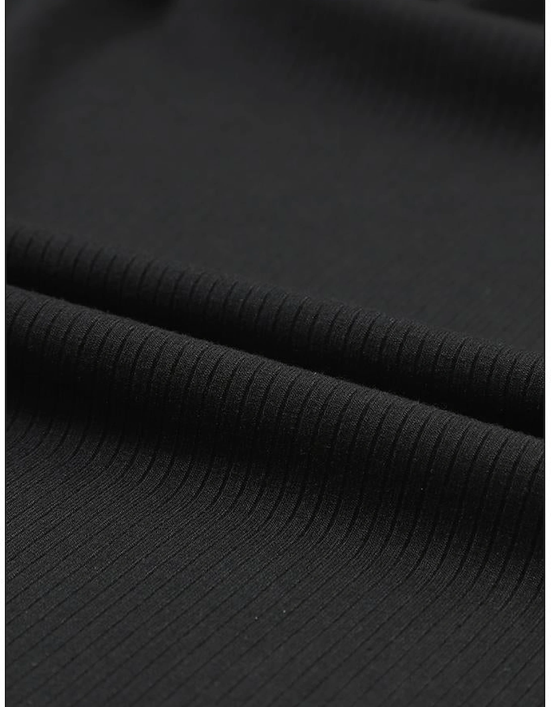 Black Flower Puff Sleeve Ribbed Knit Top