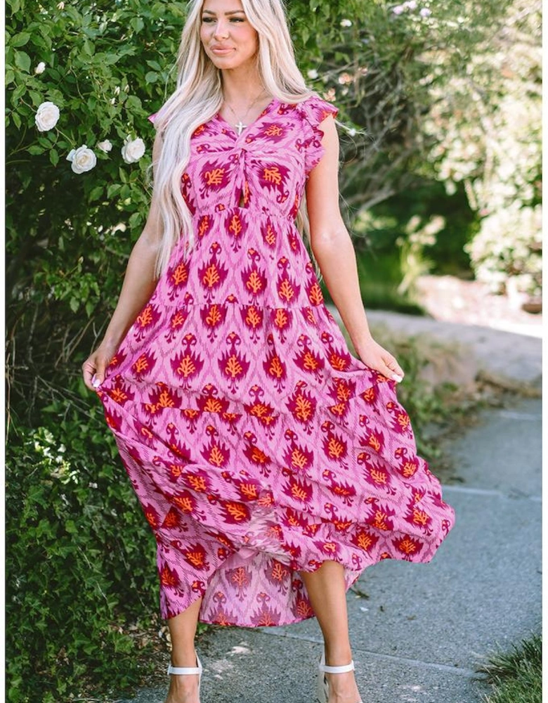Bonbon Retro Print Twisted Front Ruffled Sleeve Maxi Dress