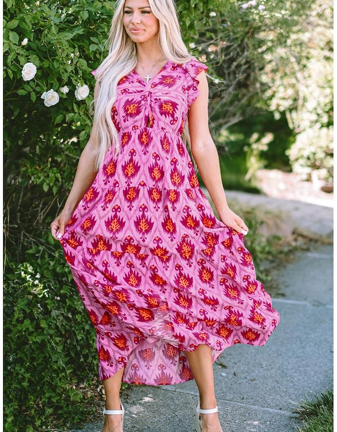 Bonbon Retro Print Twisted Front Ruffled Sleeve Maxi Dress, 9 of 8