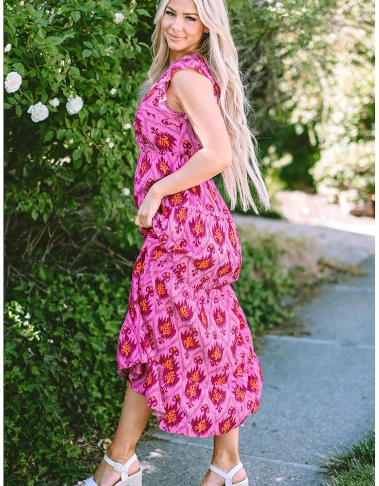 Bonbon Retro Print Twisted Front Ruffled Sleeve Maxi Dress