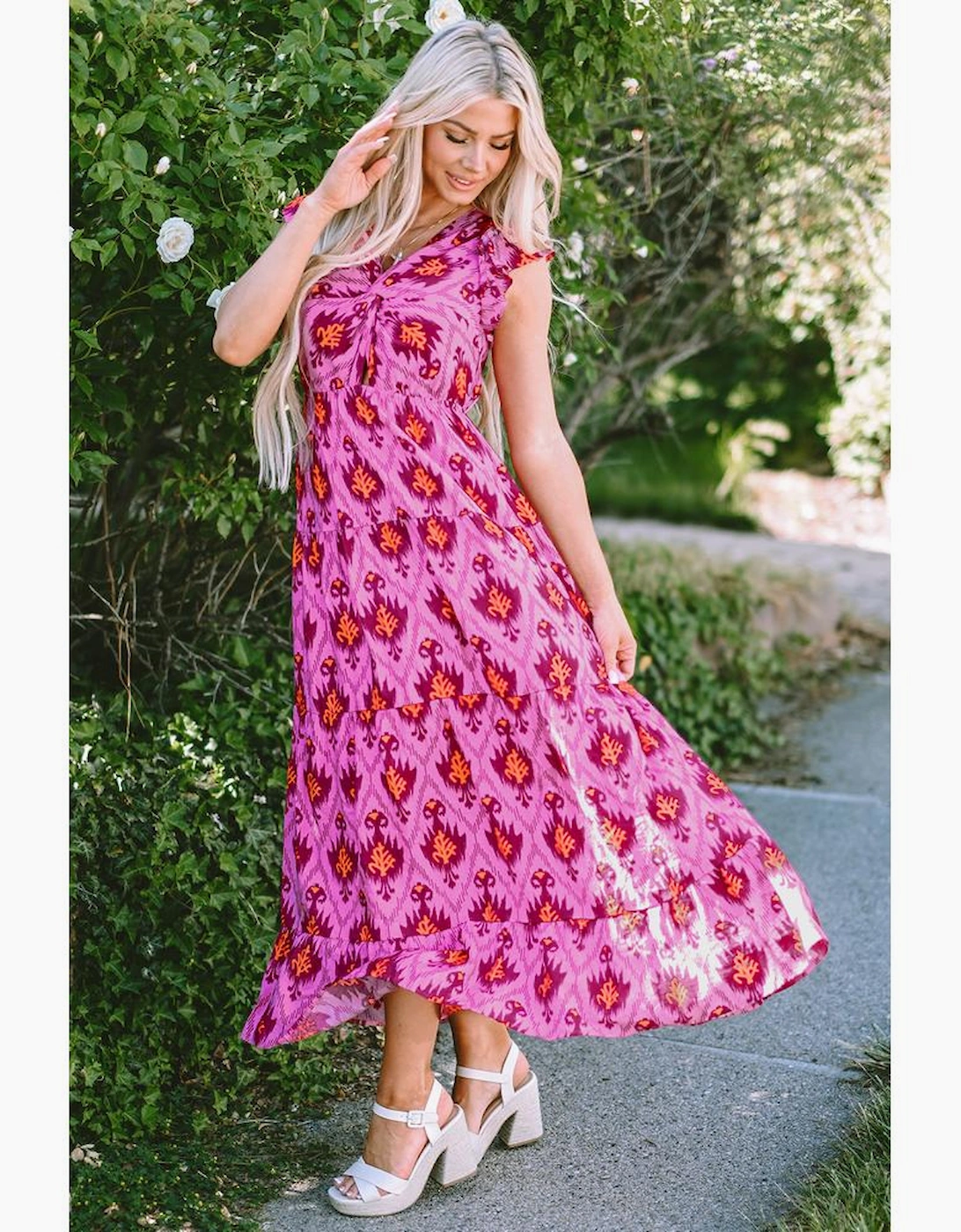 Bonbon Retro Print Twisted Front Ruffled Sleeve Maxi Dress