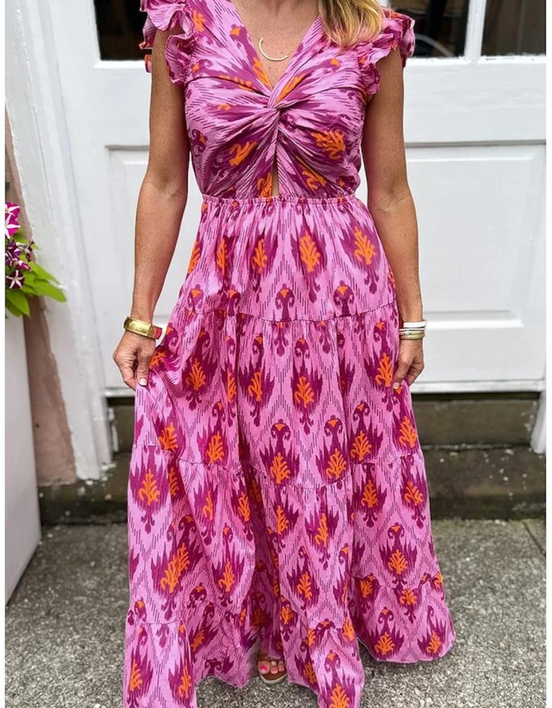 Bonbon Retro Print Twisted Front Ruffled Sleeve Maxi Dress