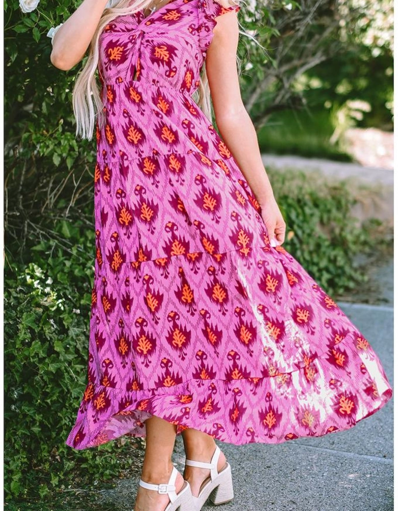 Bonbon Retro Print Twisted Front Ruffled Sleeve Maxi Dress