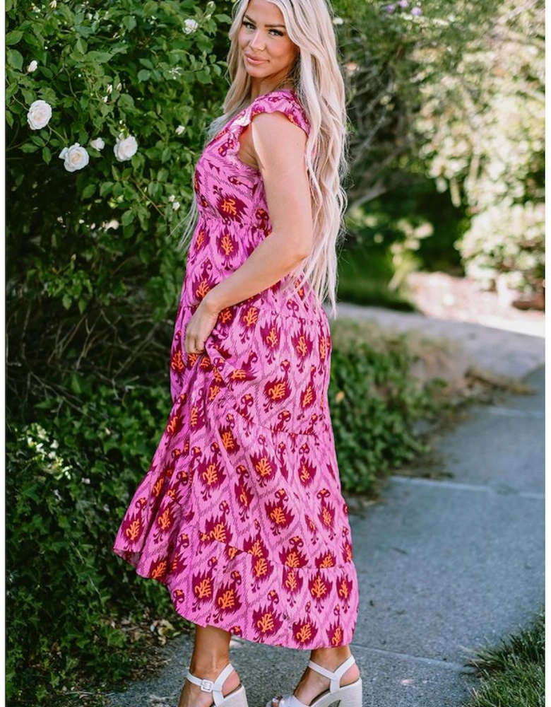 Bonbon Retro Print Twisted Front Ruffled Sleeve Maxi Dress