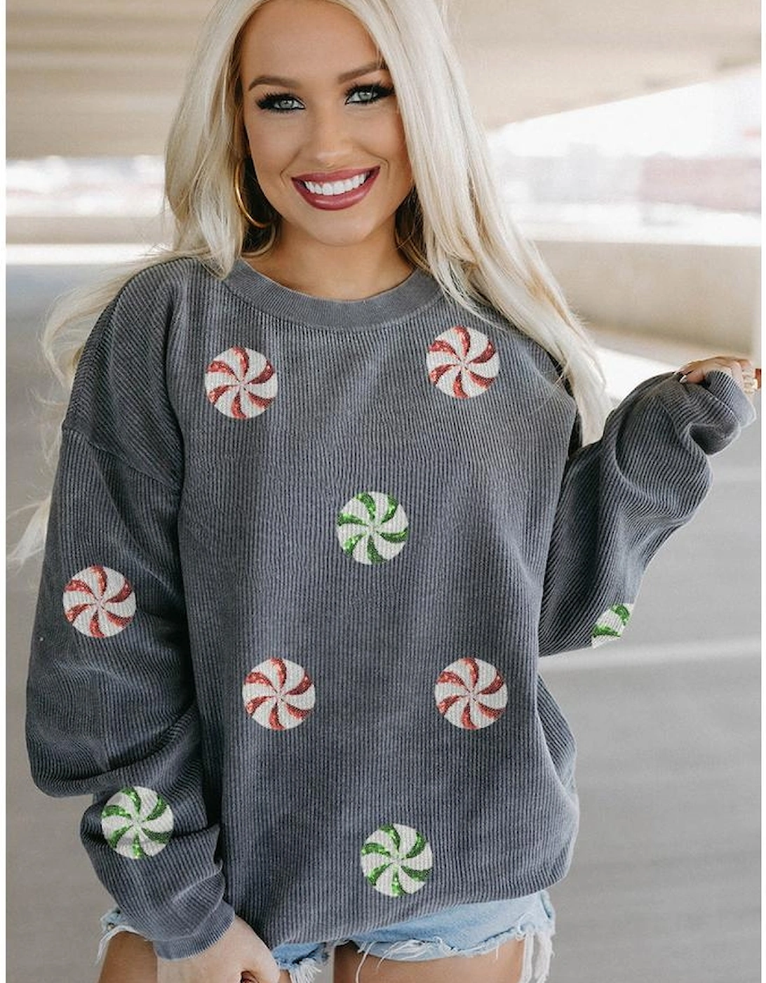 Gray Christmas Candy Sequin Graphic Ribbed Corded Baggy Sweatshirt