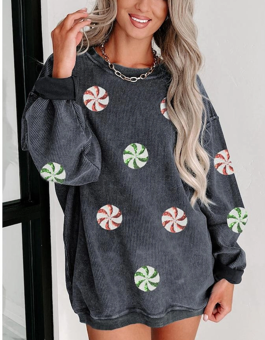 Gray Christmas Candy Sequin Graphic Ribbed Corded Baggy Sweatshirt, 8 of 7