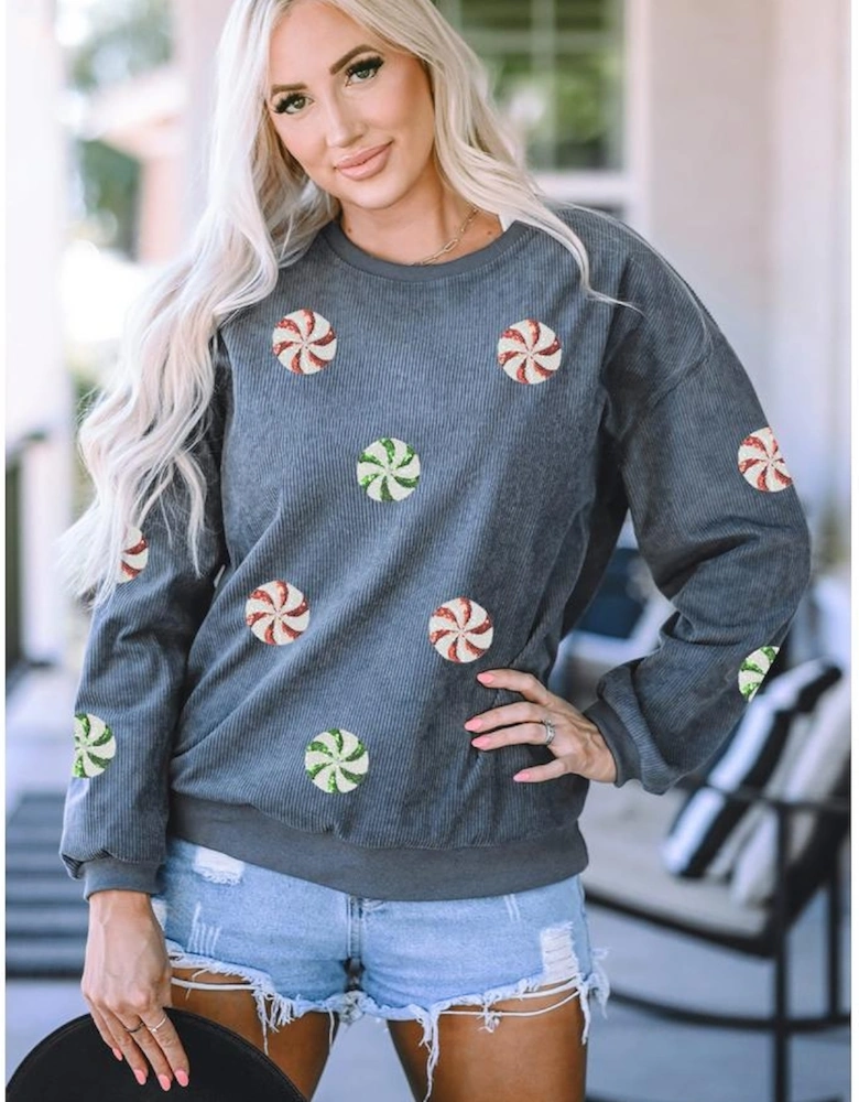 Gray Christmas Candy Sequin Graphic Ribbed Corded Baggy Sweatshirt