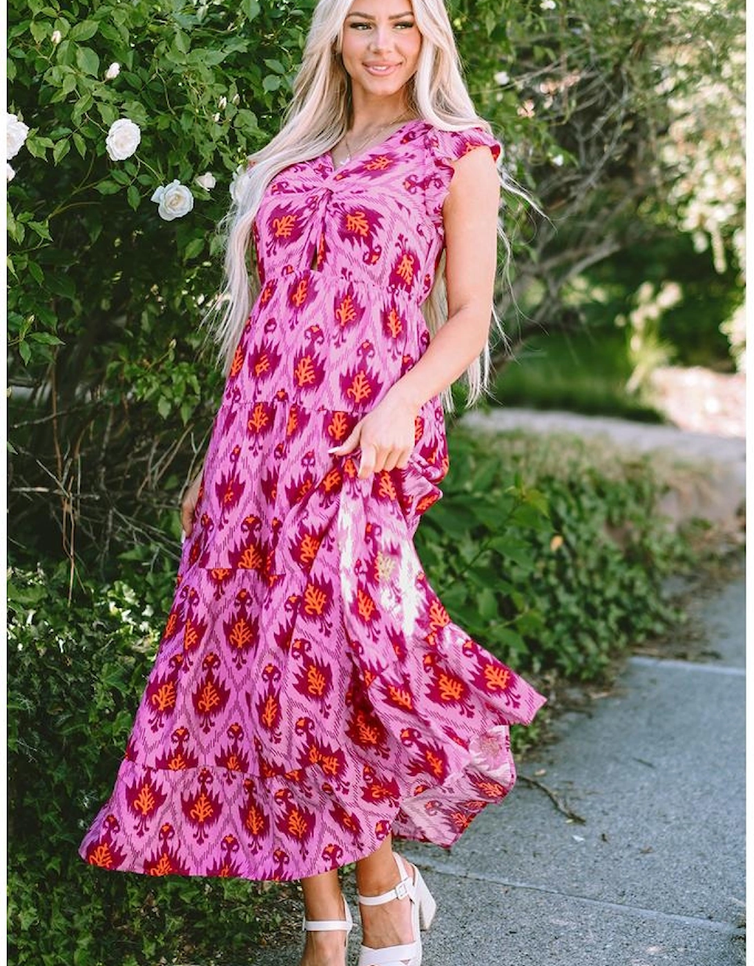 Bonbon Retro Print Twisted Front Ruffled Sleeve Maxi Dress