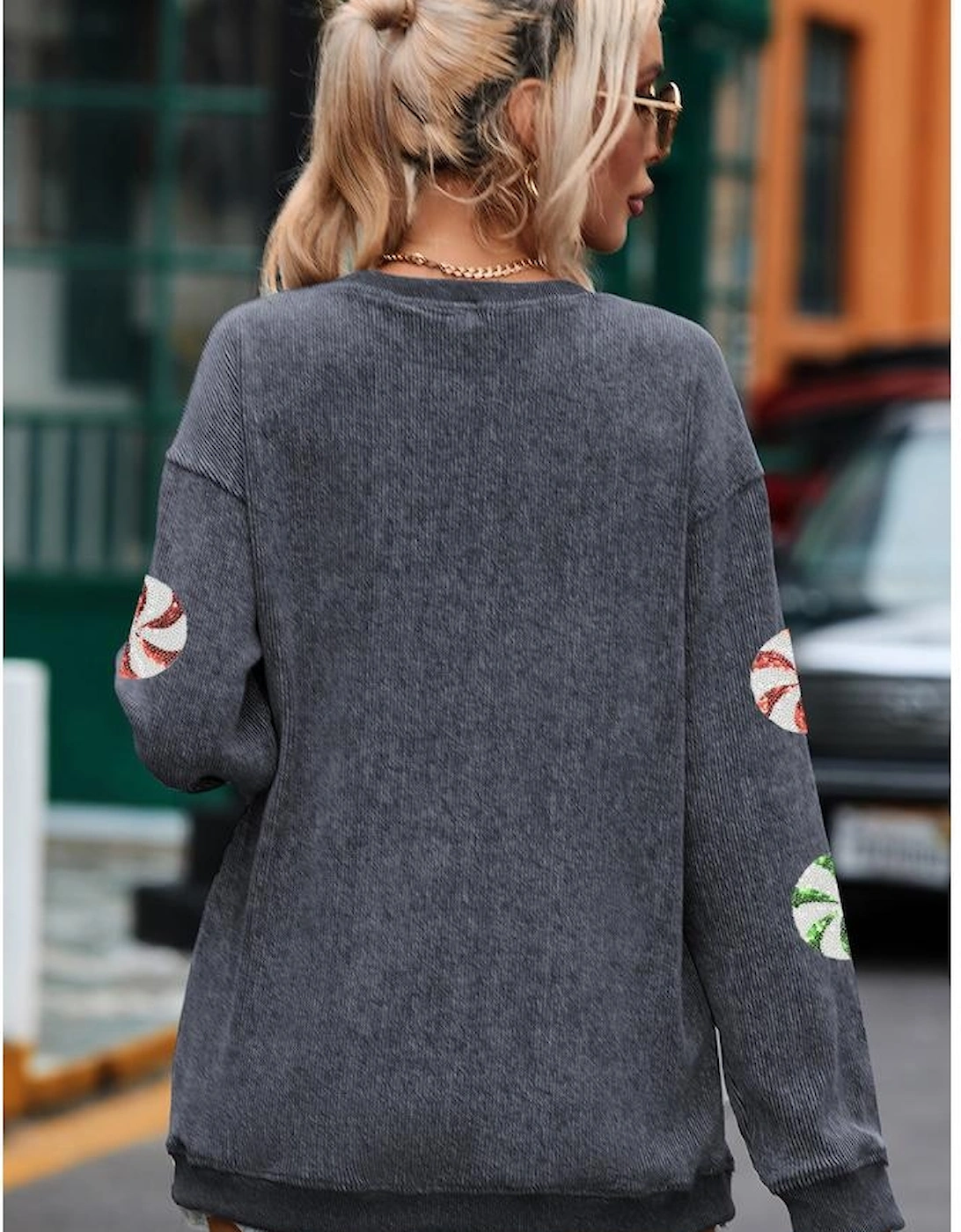 Gray Christmas Candy Sequin Graphic Ribbed Corded Baggy Sweatshirt