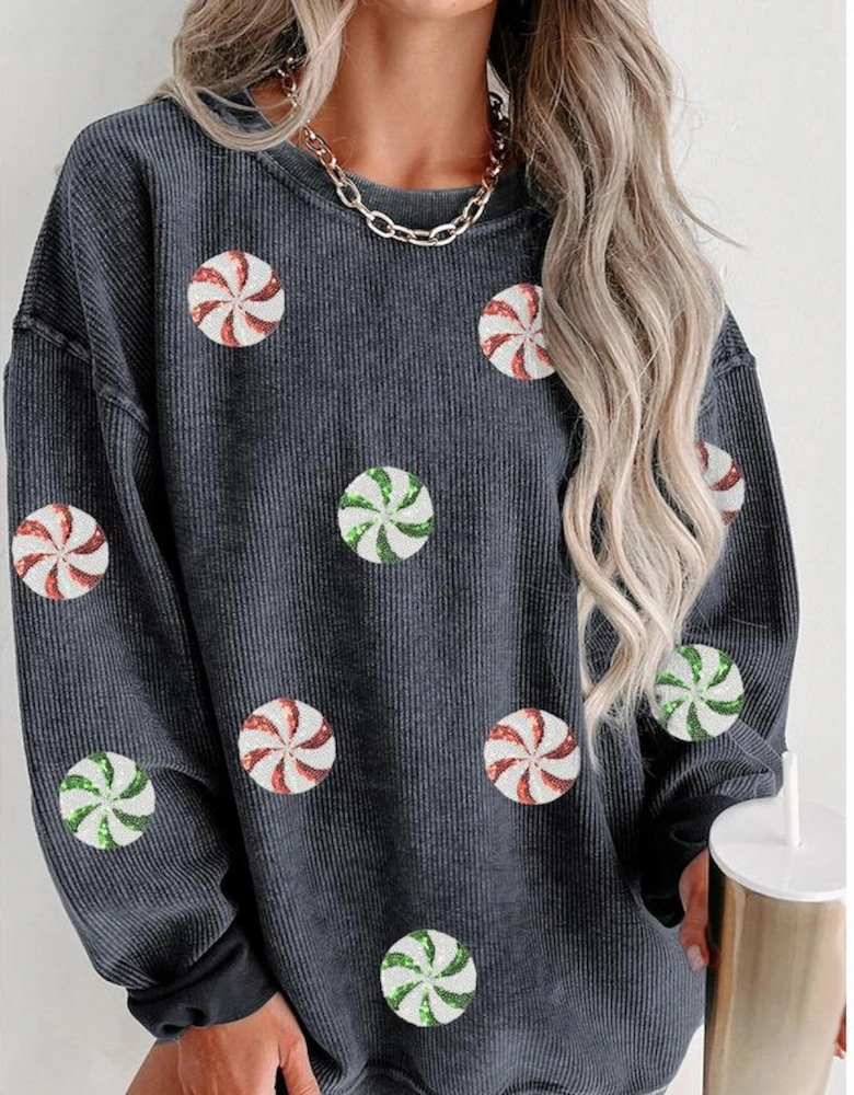 Gray Christmas Candy Sequin Graphic Ribbed Corded Baggy Sweatshirt