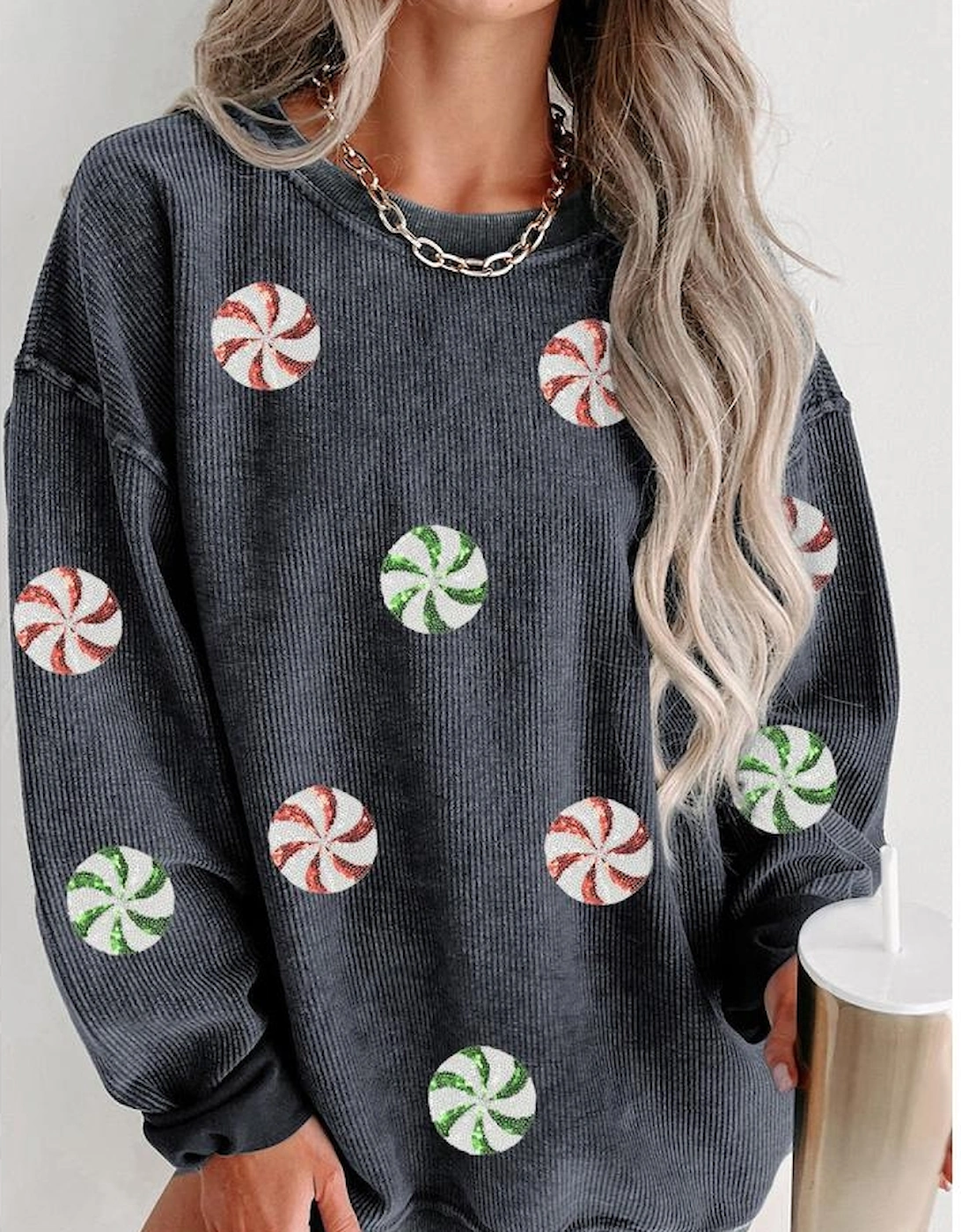 Gray Christmas Candy Sequin Graphic Ribbed Corded Baggy Sweatshirt