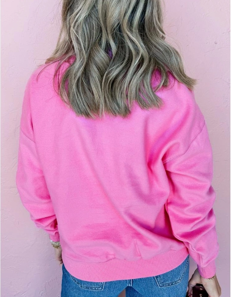 Bright Pink Half Button Stand Neck Drop Shoulder Sweatshirt