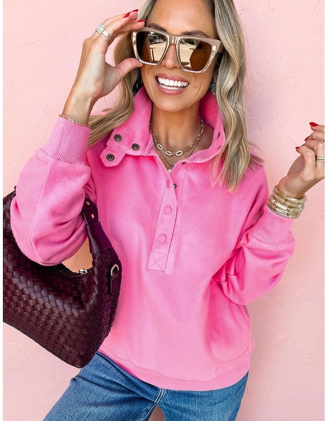 Bright Pink Half Button Stand Neck Drop Shoulder Sweatshirt