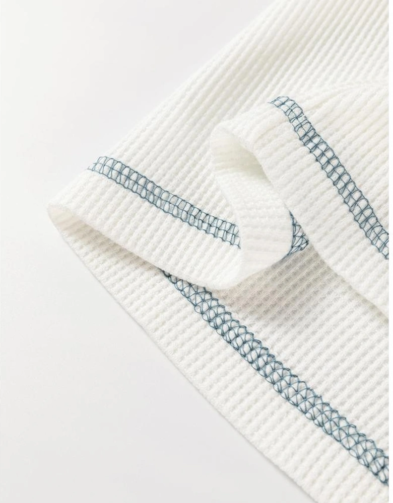 White Floral Patchwork Waffle Knit Raglan Top