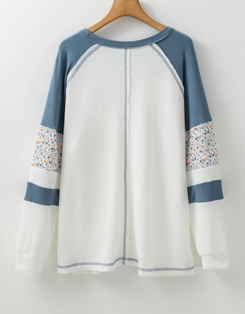 White Floral Patchwork Waffle Knit Raglan Top