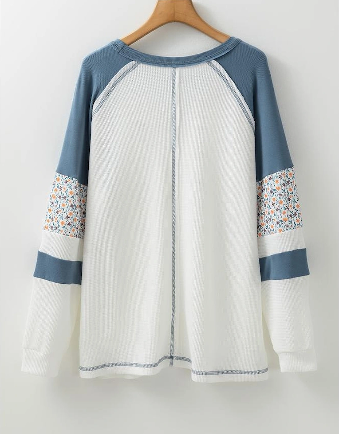 White Floral Patchwork Waffle Knit Raglan Top