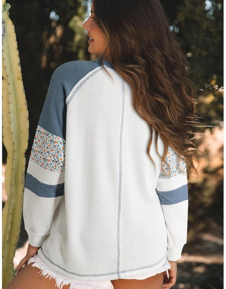 White Floral Patchwork Waffle Knit Raglan Top