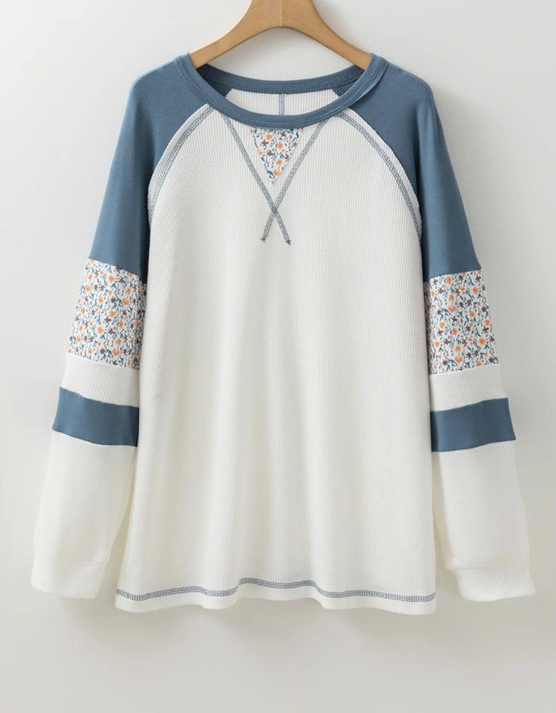 White Floral Patchwork Waffle Knit Raglan Top