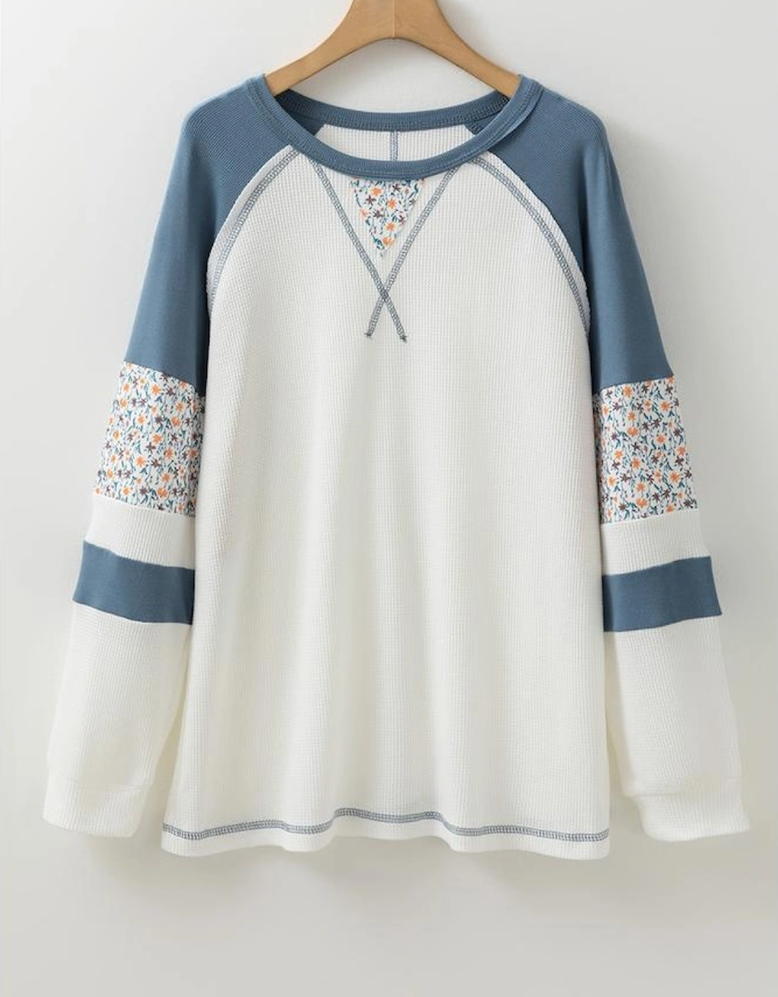 White Floral Patchwork Waffle Knit Raglan Top