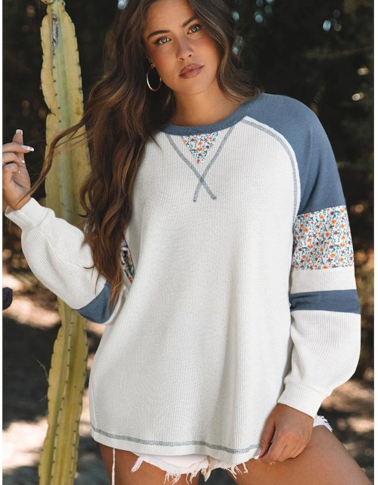 White Floral Patchwork Waffle Knit Raglan Top
