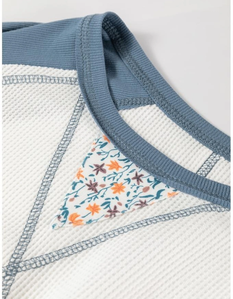 White Floral Patchwork Waffle Knit Raglan Top