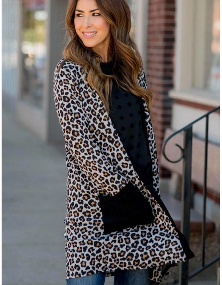 Black Leopard Patched Pocket Open Front Cardigan