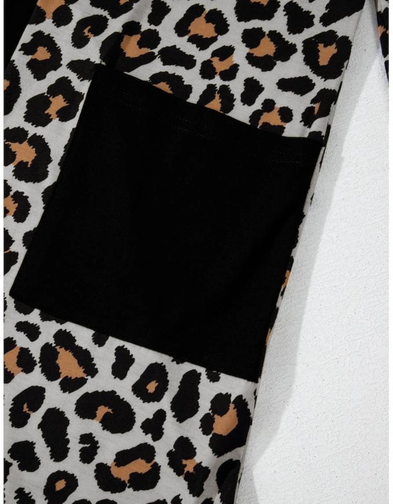 Black Leopard Patched Pocket Open Front Cardigan