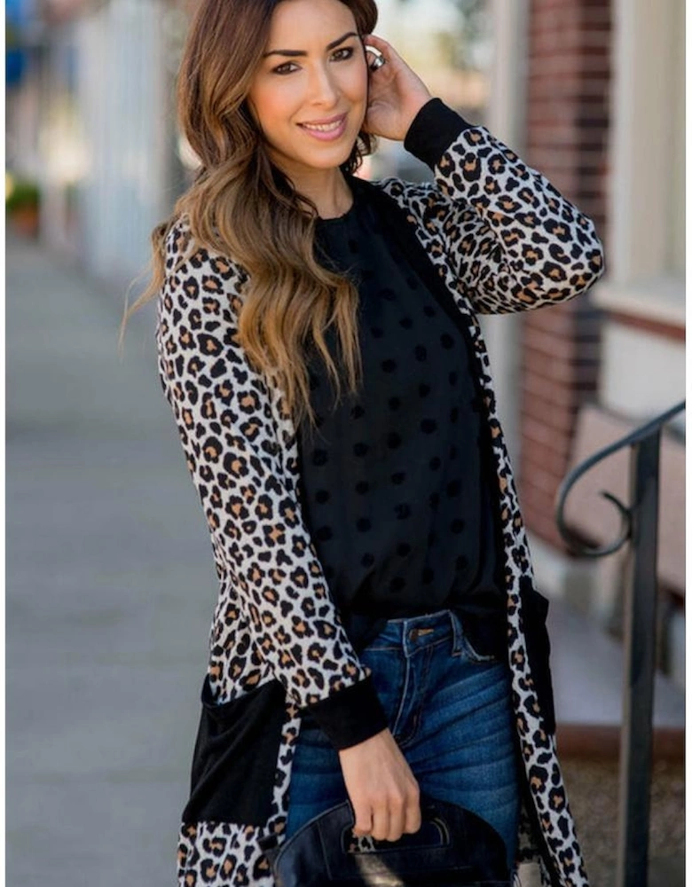 Black Leopard Patched Pocket Open Front Cardigan
