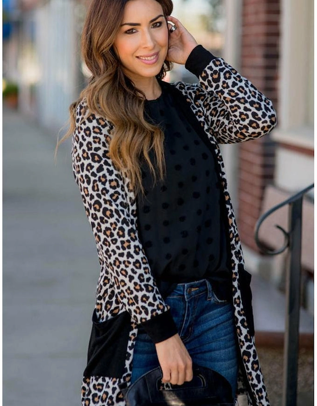 Black Leopard Patched Pocket Open Front Cardigan