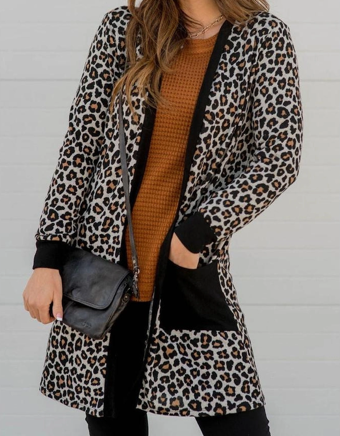 Black Leopard Patched Pocket Open Front Cardigan