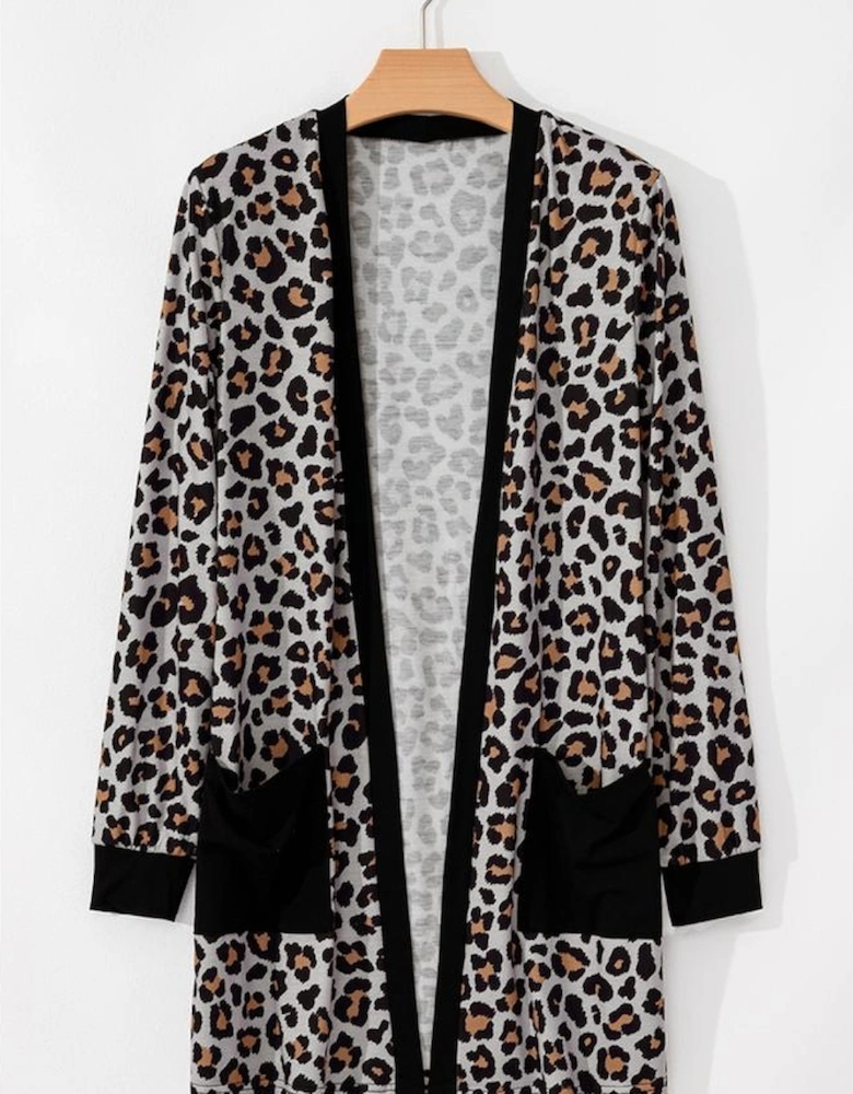 Black Leopard Patched Pocket Open Front Cardigan