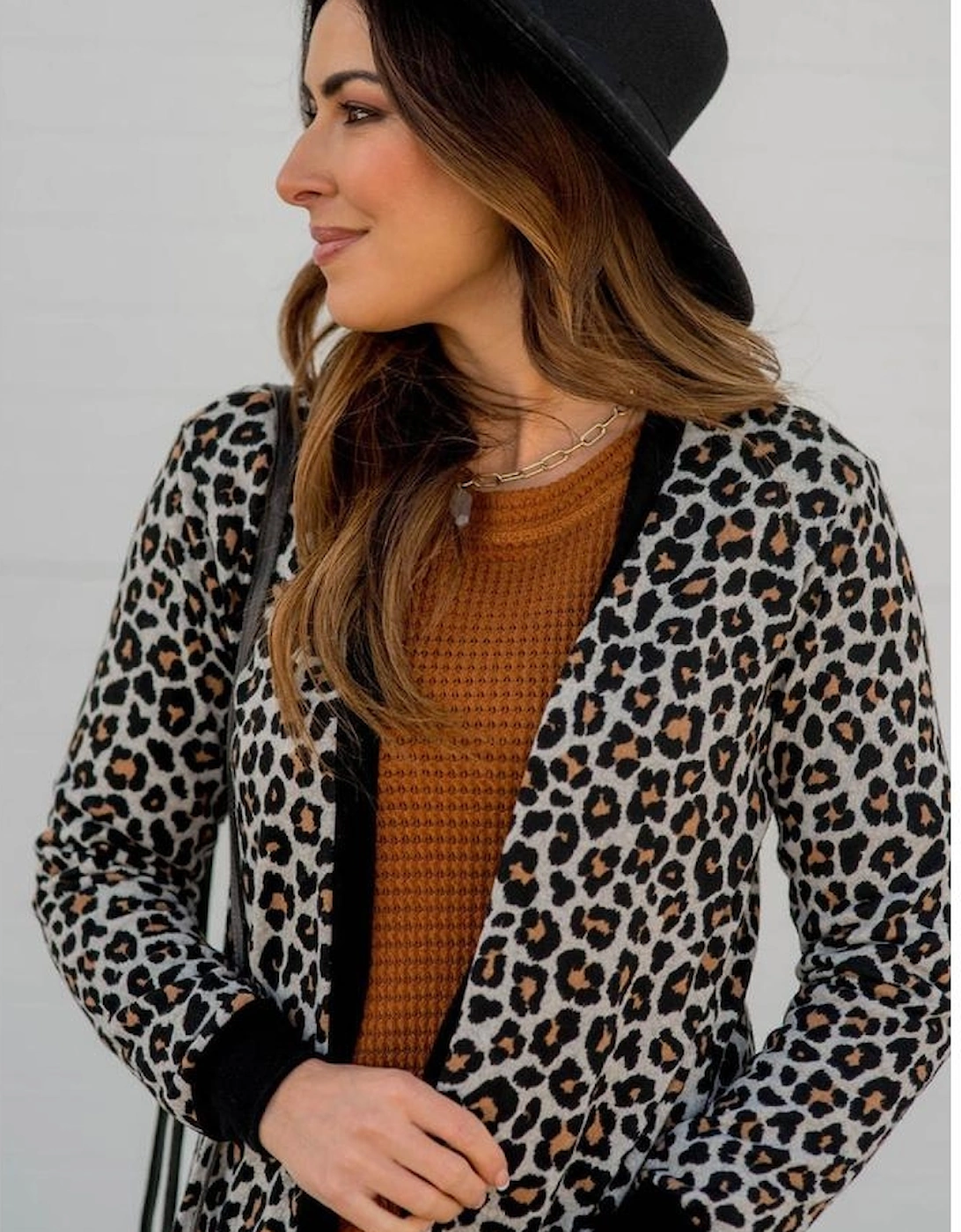 Black Leopard Patched Pocket Open Front Cardigan